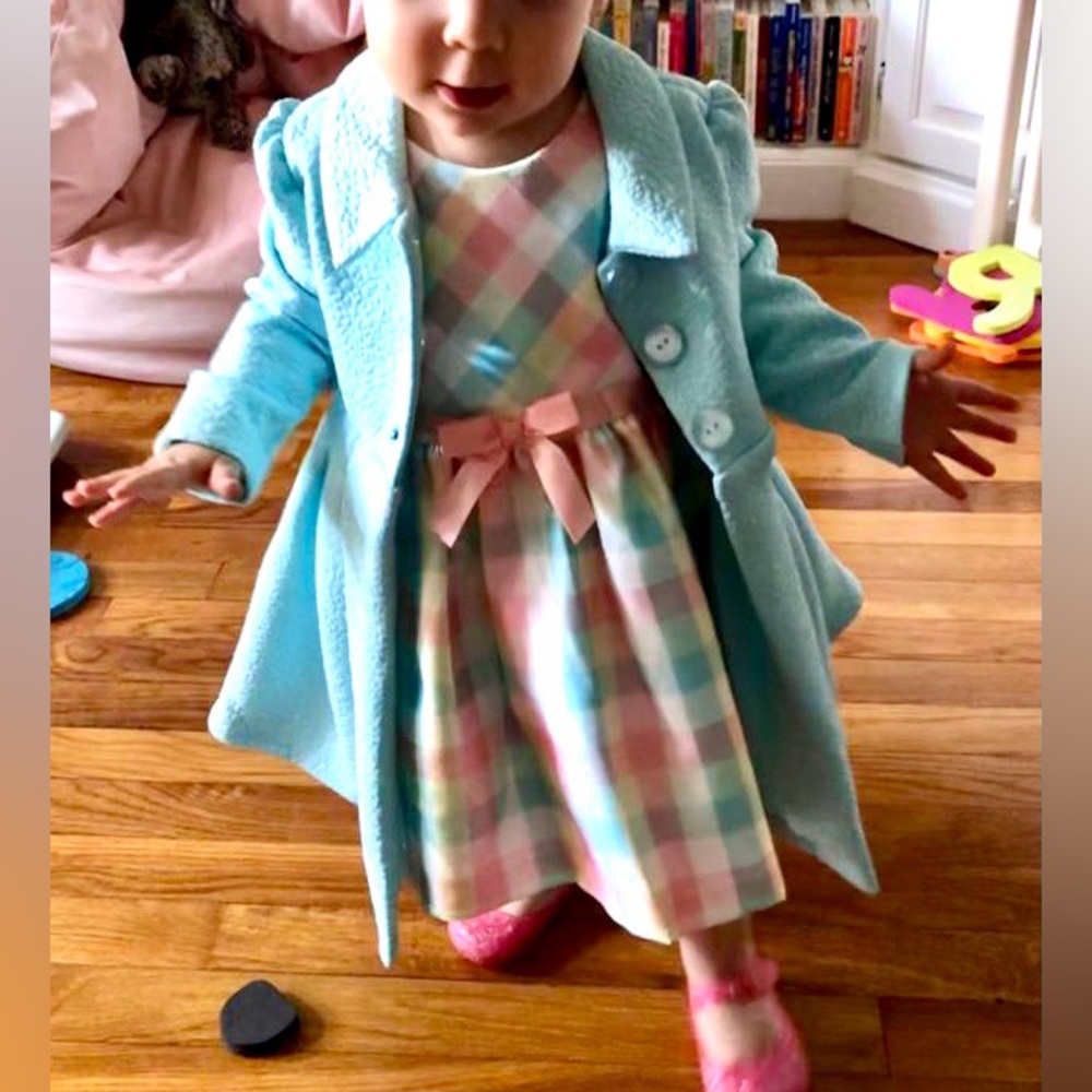 Elegant aqua blue coat and pastel Plaid Baby Dress with Bow